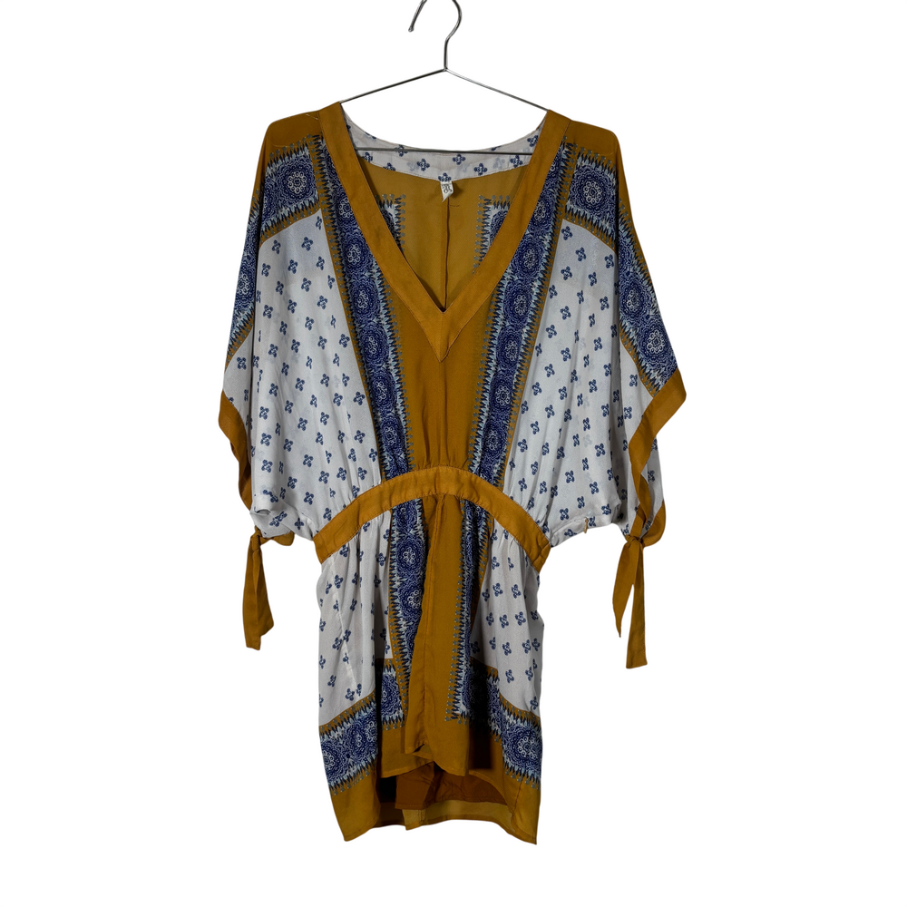 Free People mustard yellow and white patterned dress with deep v-neck, kimono sl